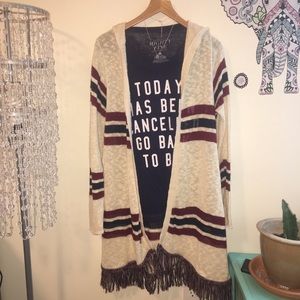 LONG HOODED CARDIGAN WITH FRINGE HEM